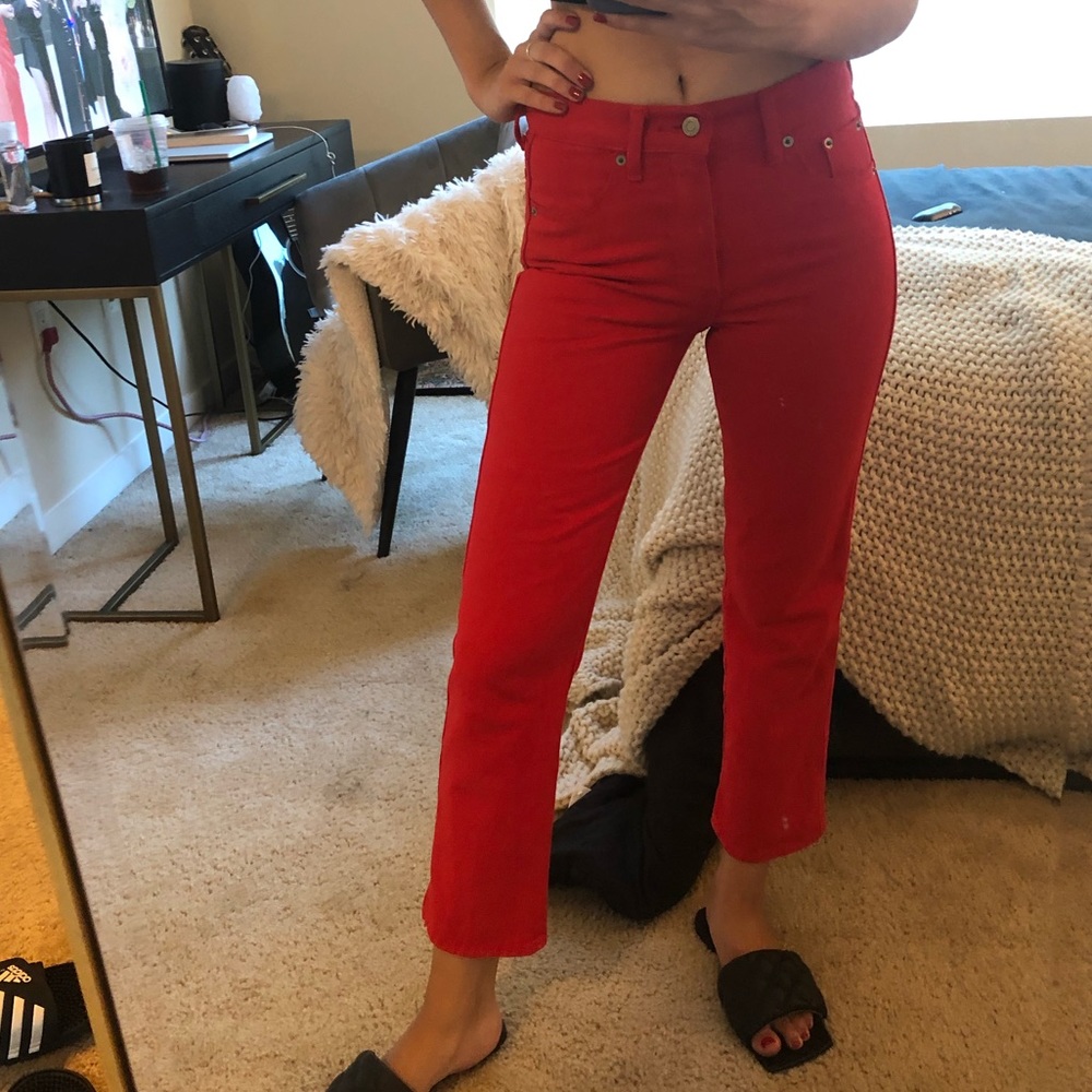 Red mid rise straight leg jeans